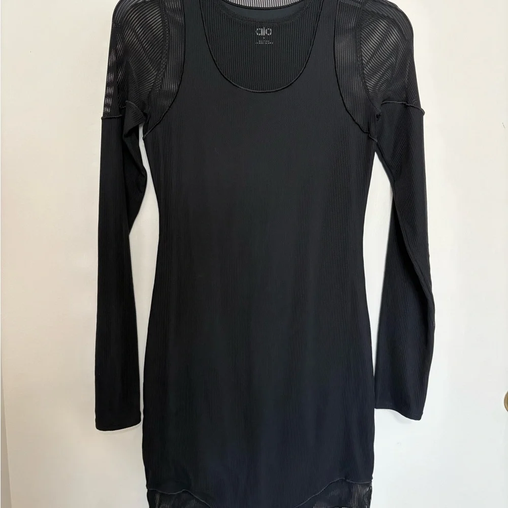 Alo Yoga Striped Mesh Synergy Long Sleeve Dress.
